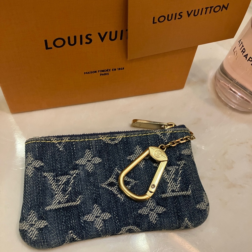Louis Vuitton Blue Denim Monogram Pouch with Gold Clasp